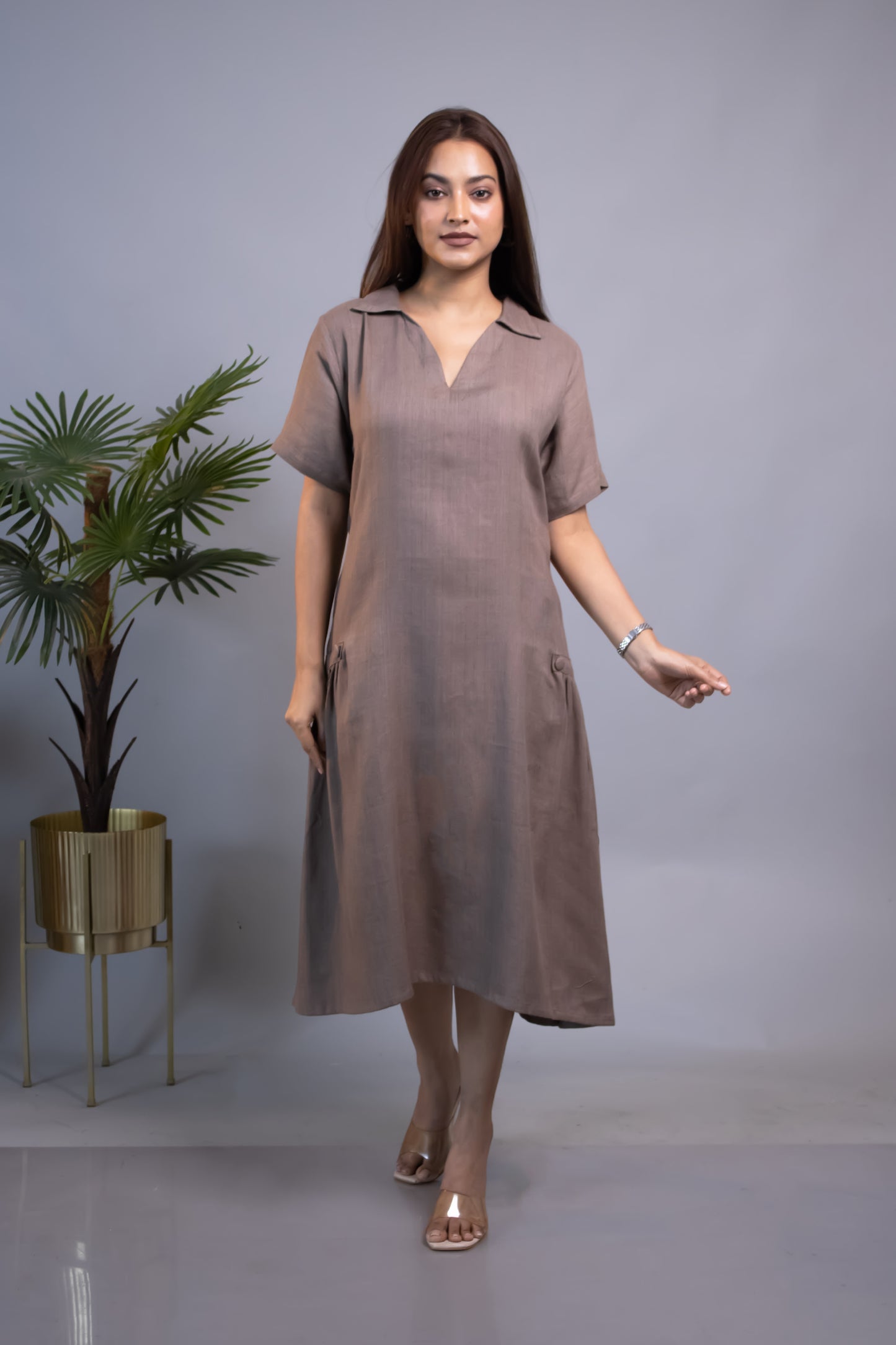 BROWN HIP GATHERS DRESS