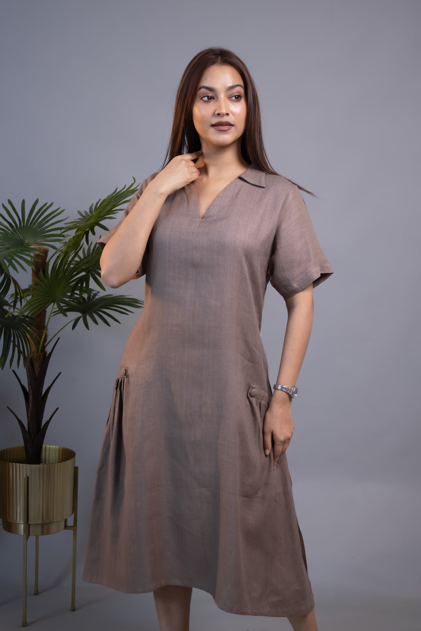 BROWN HIP GATHERS DRESS