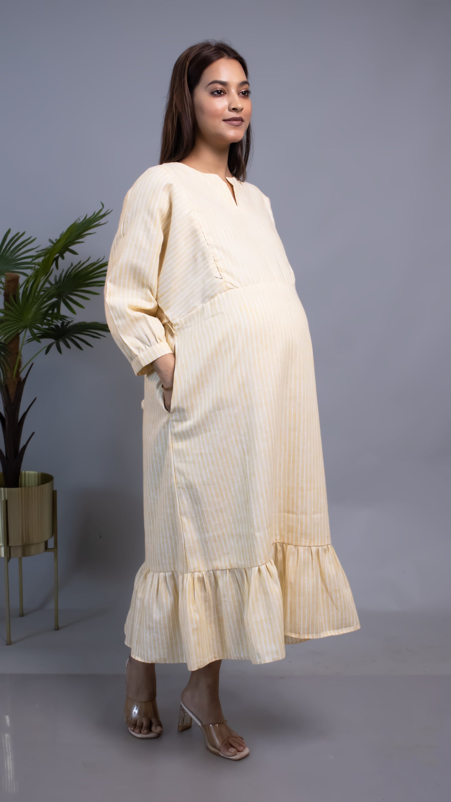 MATERNITY YELLOW STRIPED TIERED DRESS