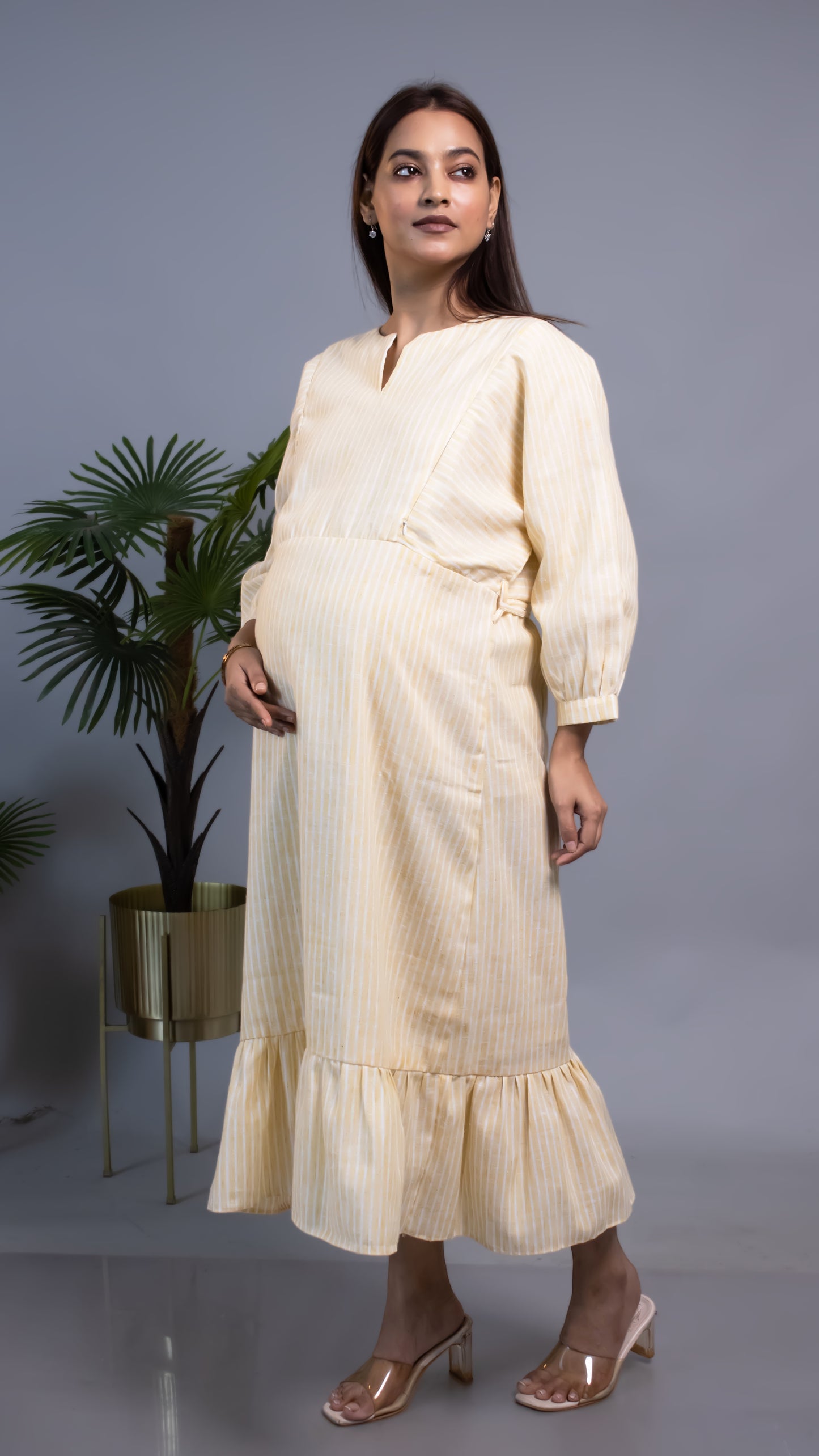 MATERNITY YELLOW STRIPED TIERED DRESS