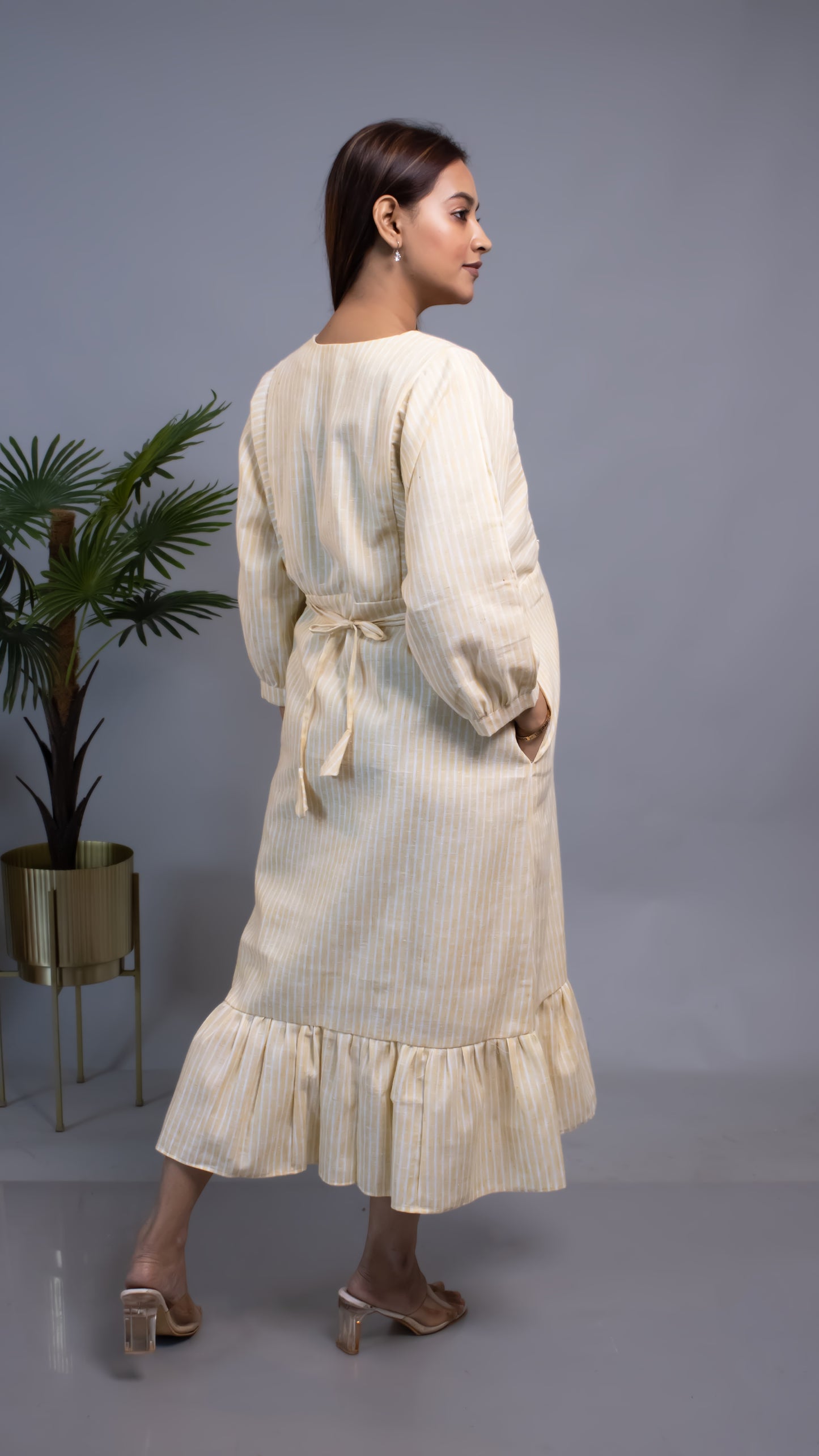 MATERNITY YELLOW STRIPED TIERED DRESS