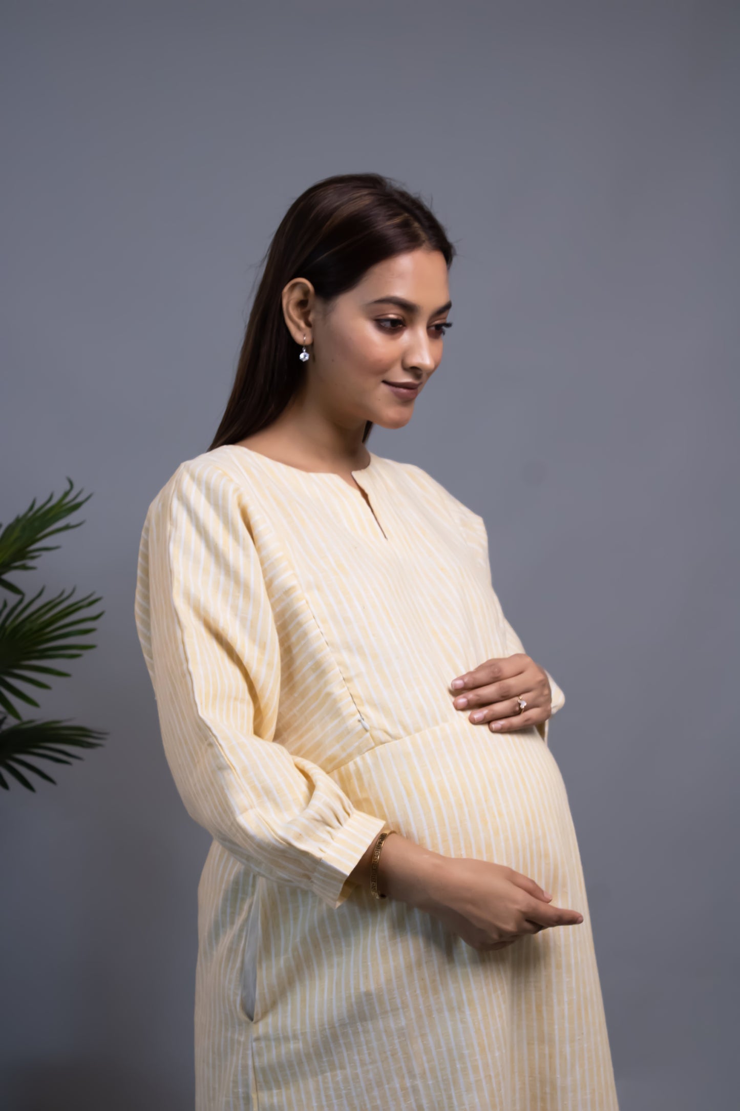 MATERNITY YELLOW STRIPED TIERED DRESS