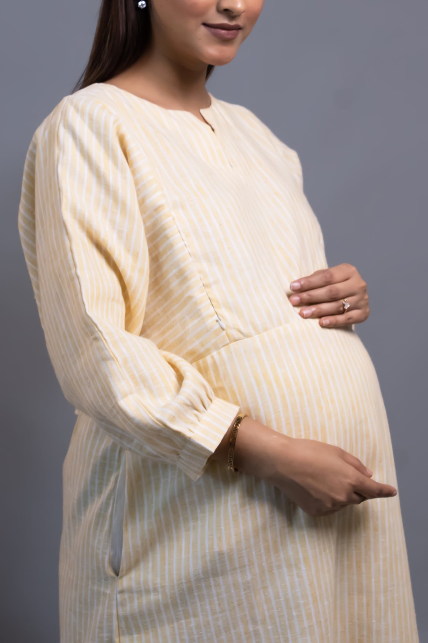 MATERNITY YELLOW STRIPED TIERED DRESS