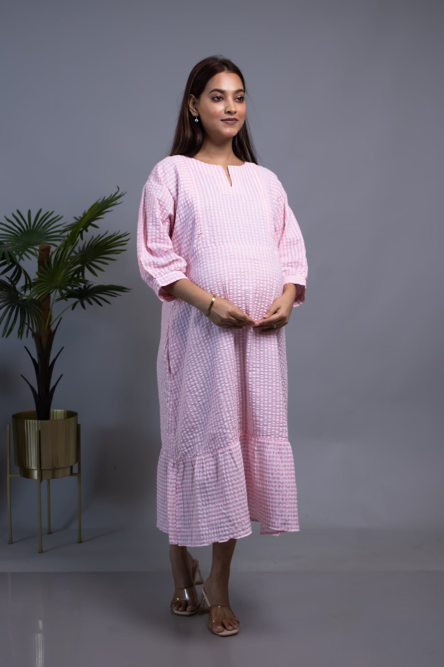 MATERNITY PINK SEERSUCKER TIERED DRESS
