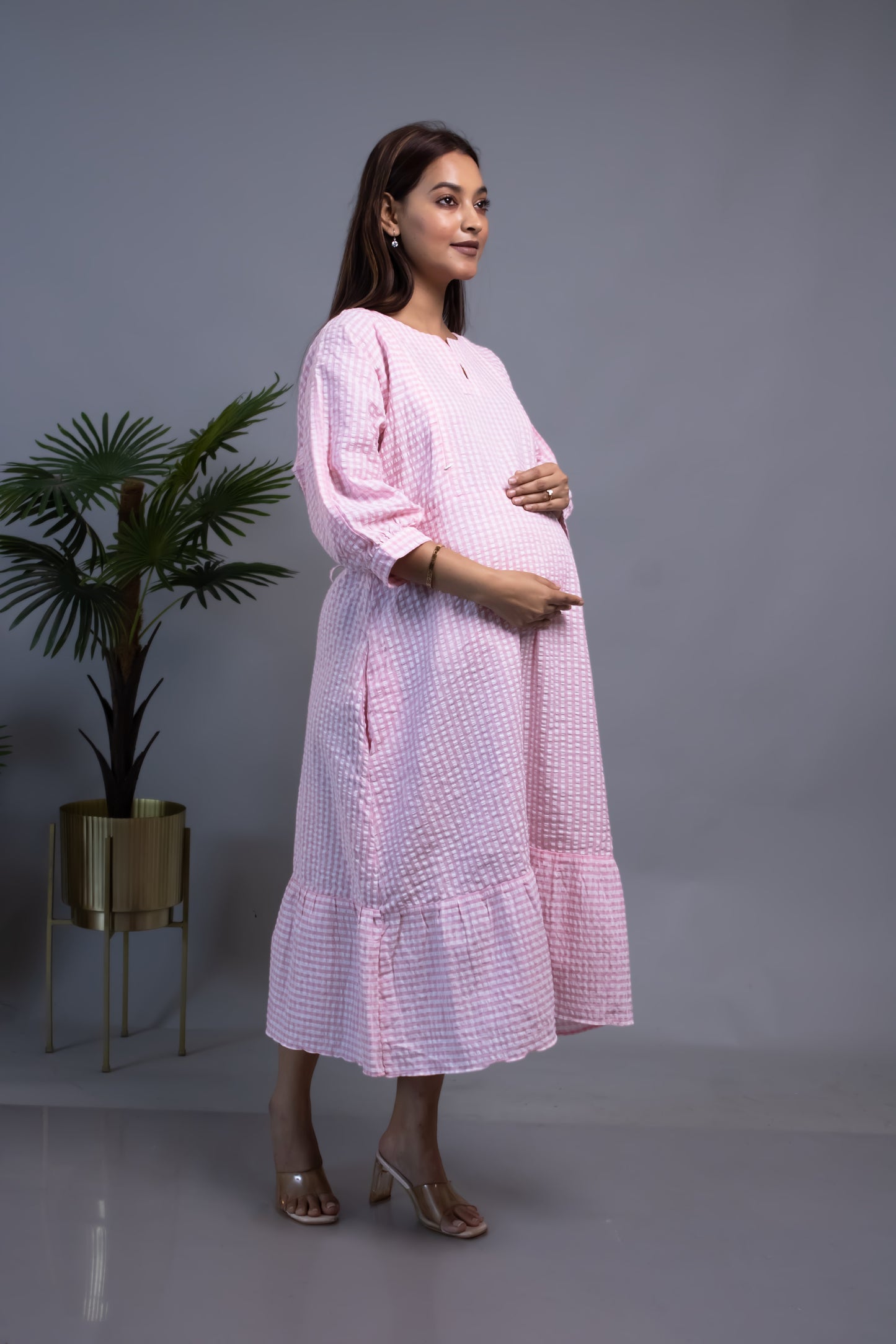 MATERNITY PINK SEERSUCKER TIERED DRESS