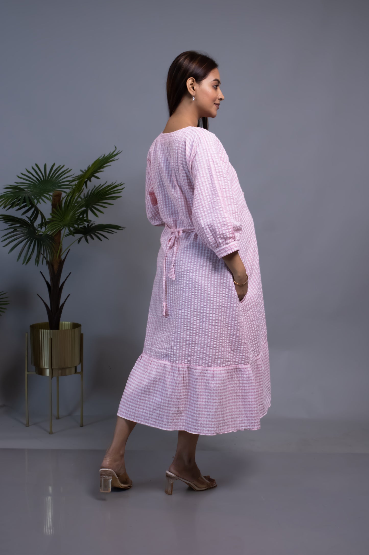 MATERNITY PINK SEERSUCKER TIERED DRESS
