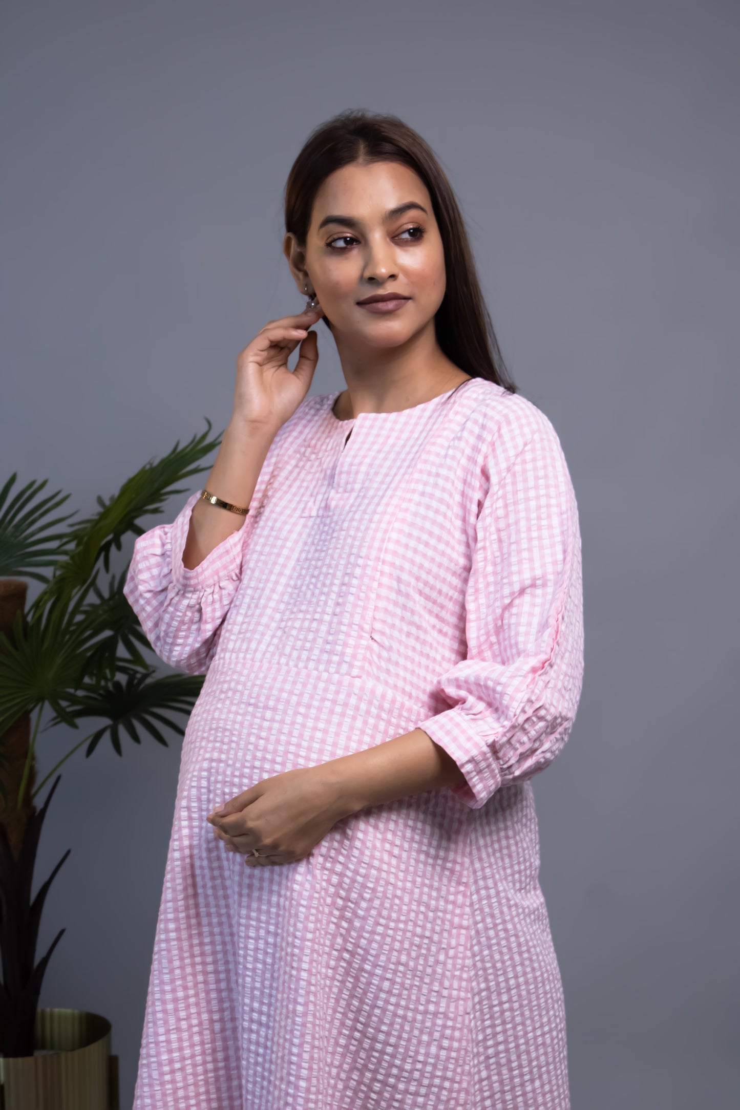 MATERNITY PINK SEERSUCKER TIERED DRESS