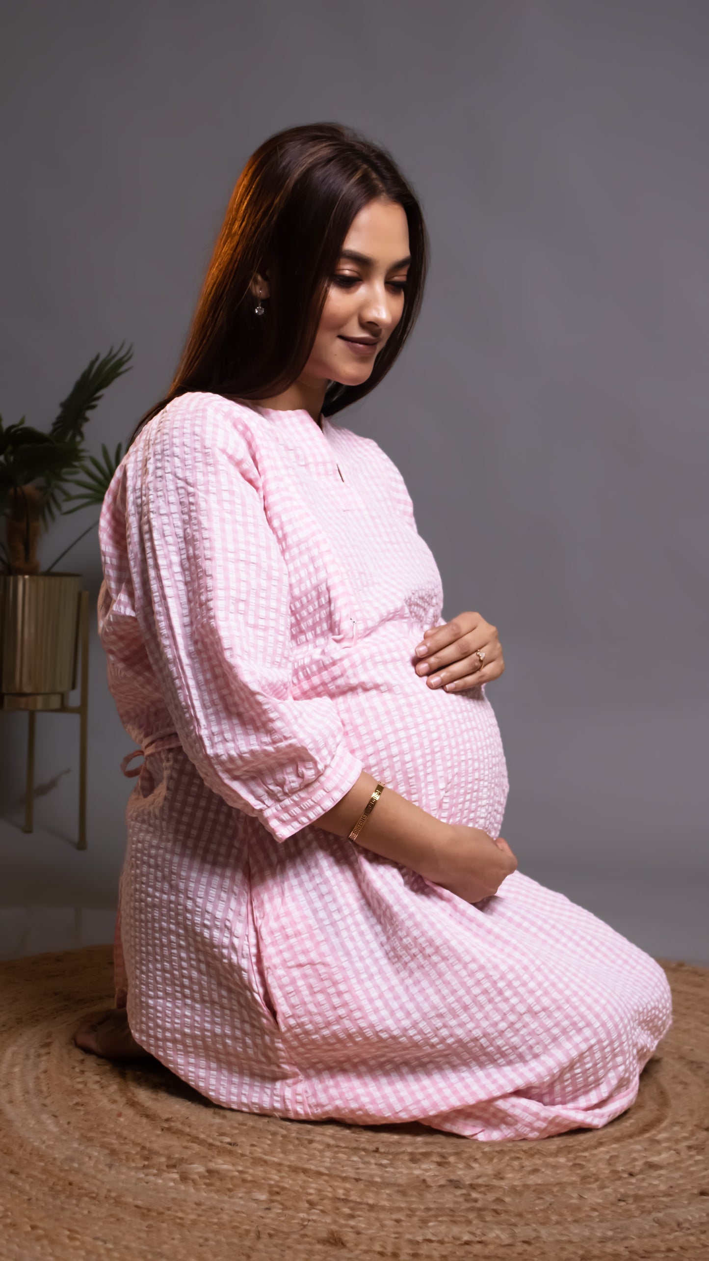 MATERNITY PINK SEERSUCKER TIERED DRESS