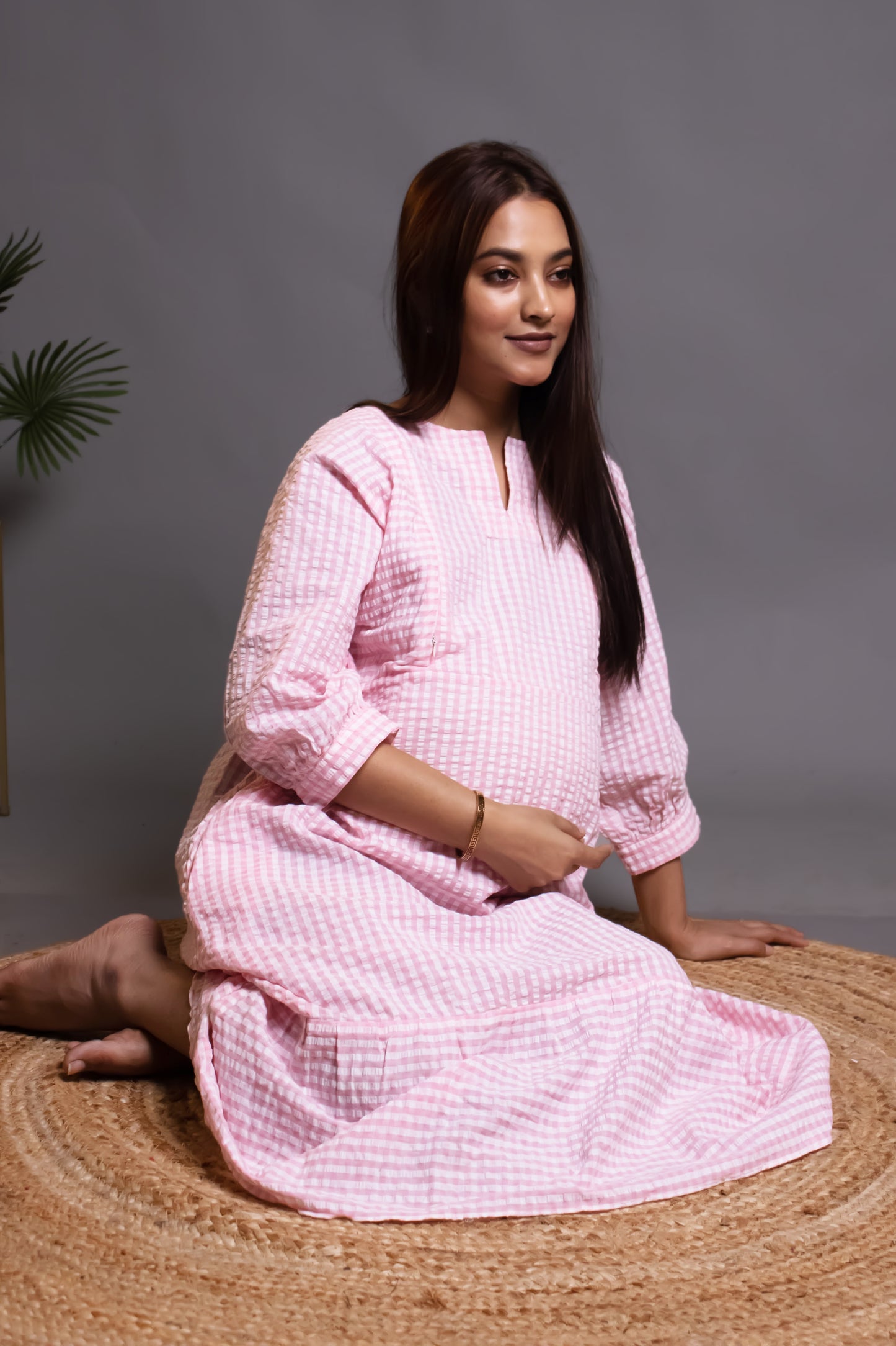 MATERNITY PINK SEERSUCKER TIERED DRESS