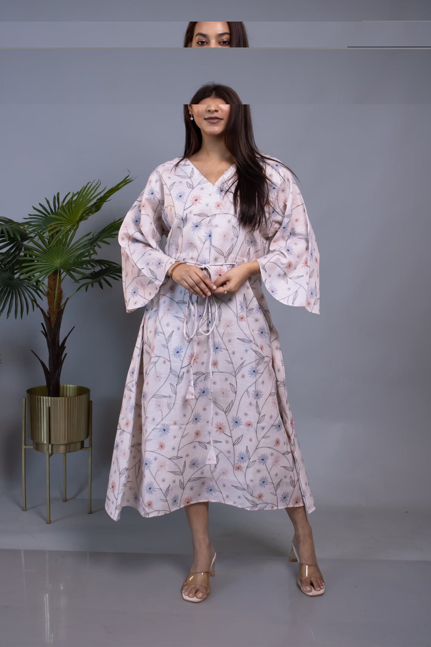 FLORAL COTTON LINEN WAIST-TIE DRESS