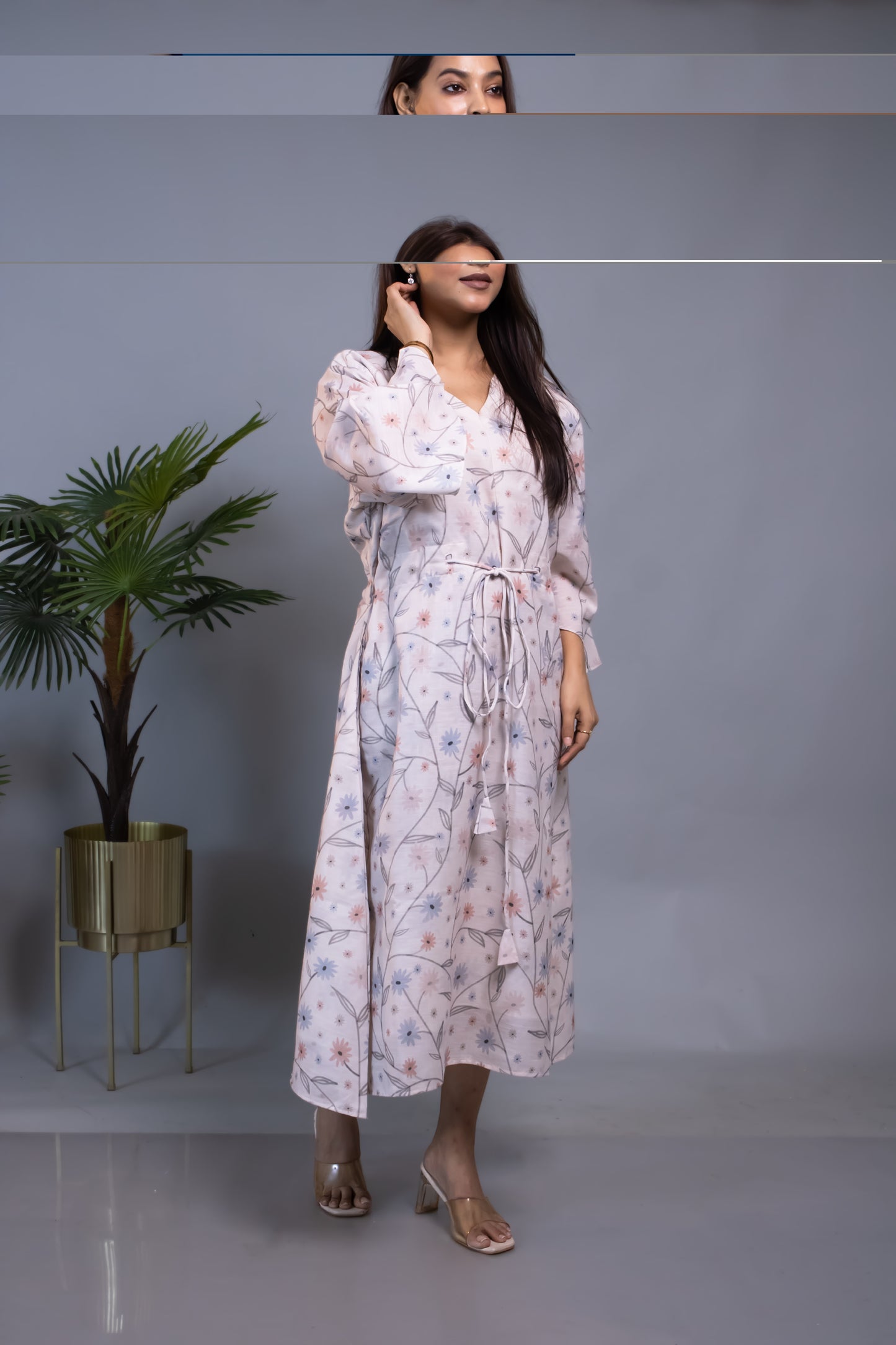 FLORAL COTTON LINEN WAIST-TIE DRESS