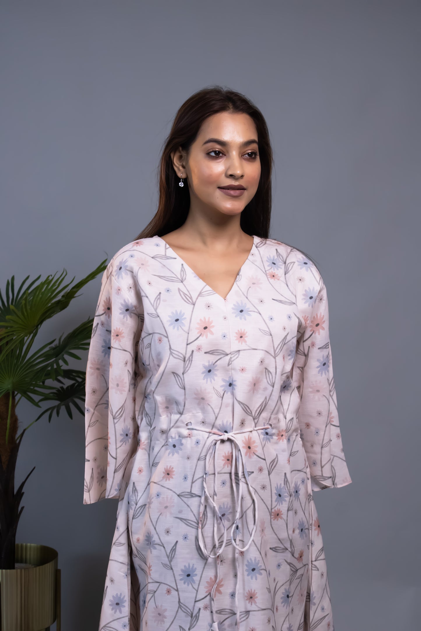 FLORAL COTTON LINEN WAIST-TIE DRESS