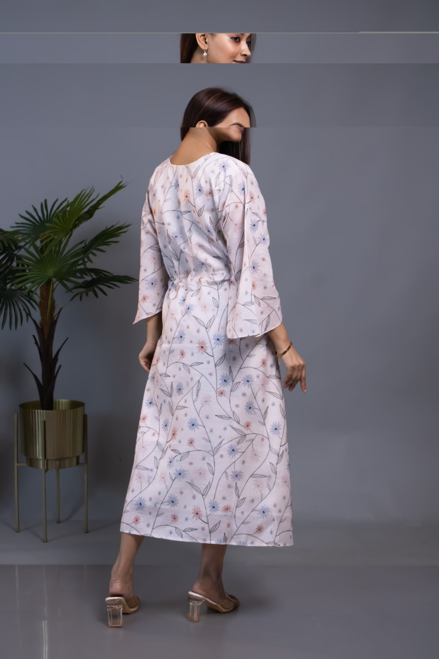 FLORAL COTTON LINEN WAIST-TIE DRESS