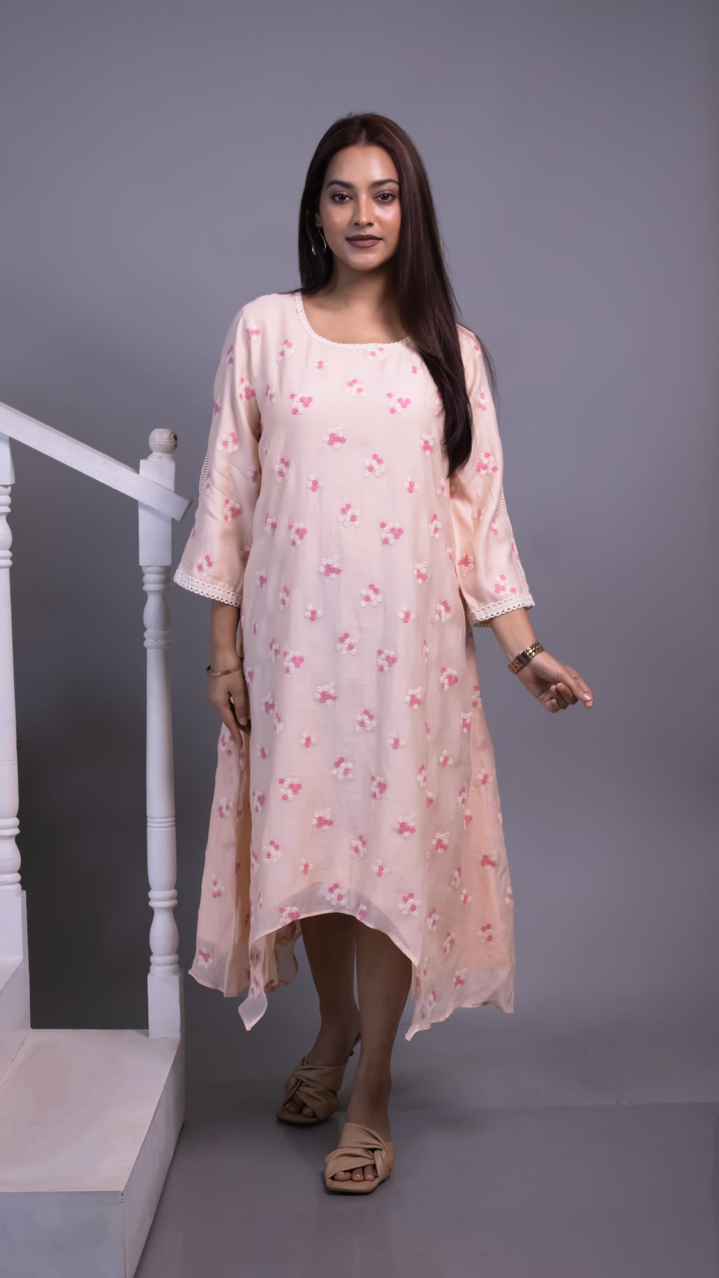 PINK ASYMMETRICAL MUL CHANDERI DRESS