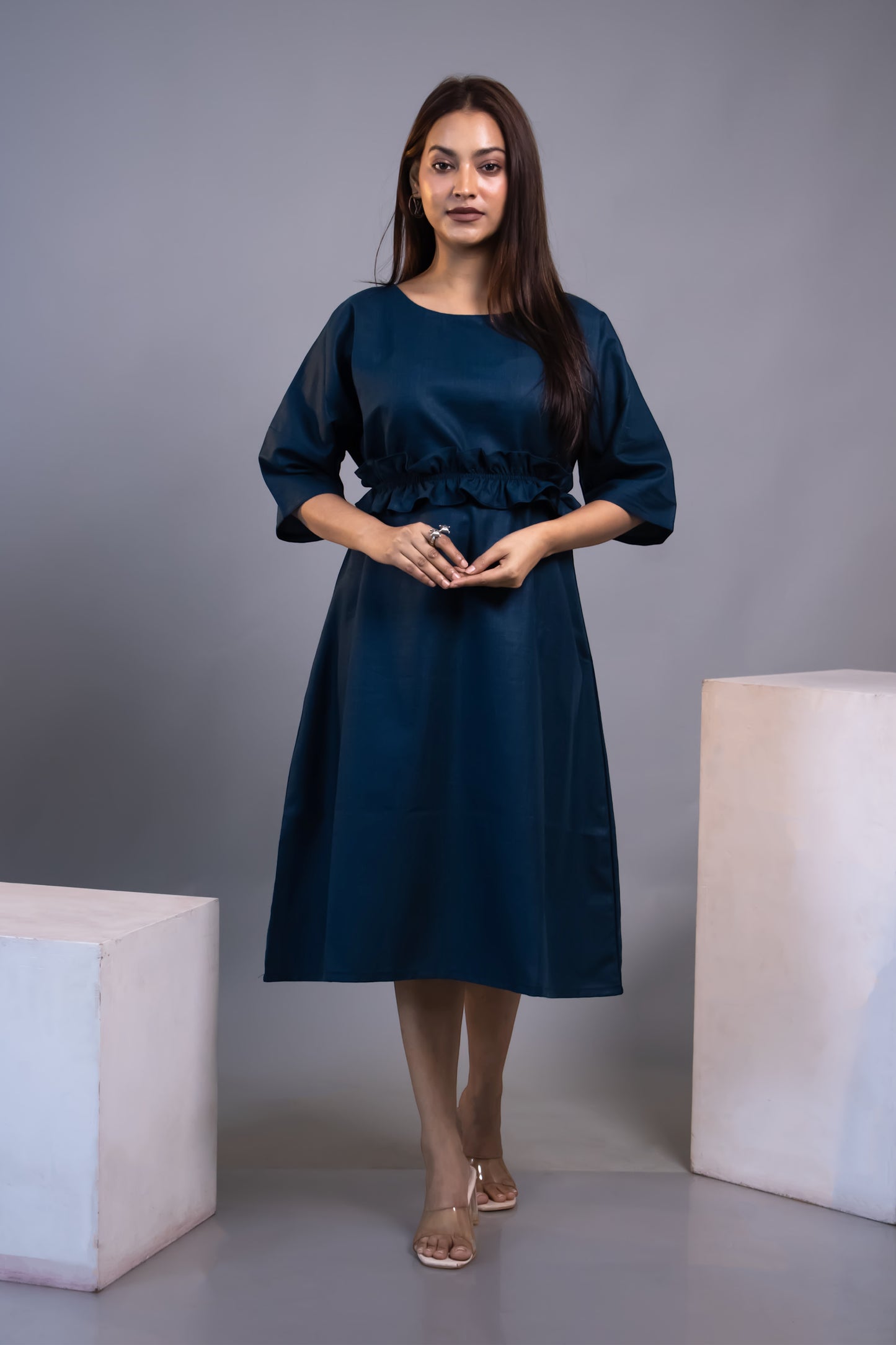 ROYAL BLUE RUFFLE WAIST-TIE DRESS