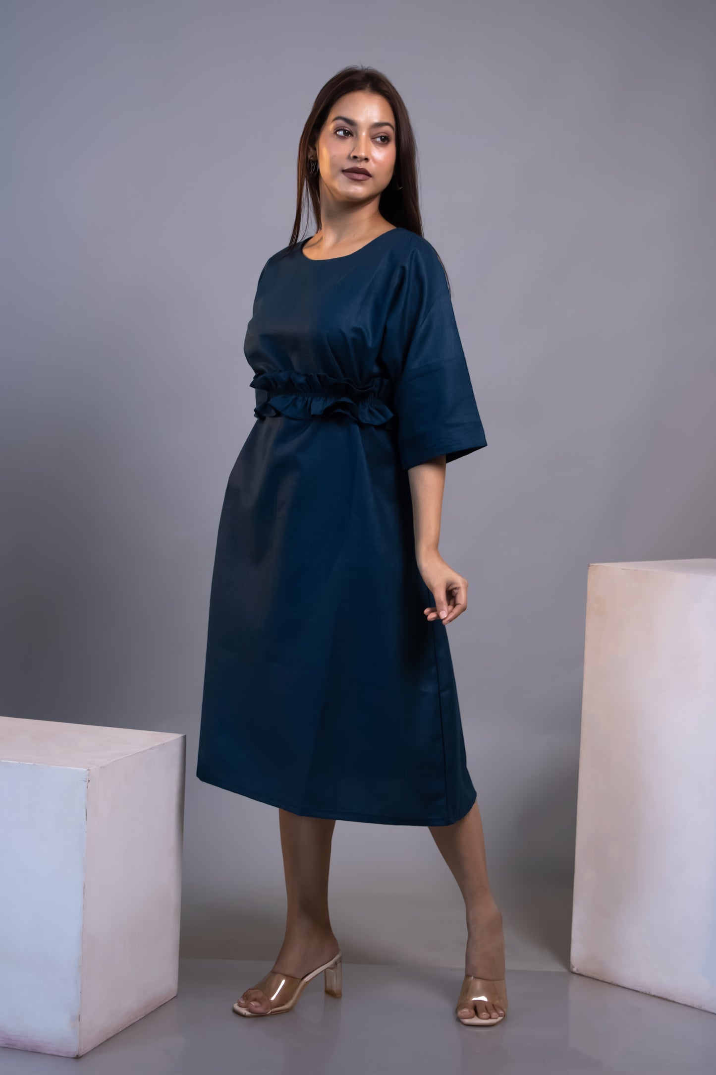 ROYAL BLUE RUFFLE WAIST-TIE DRESS