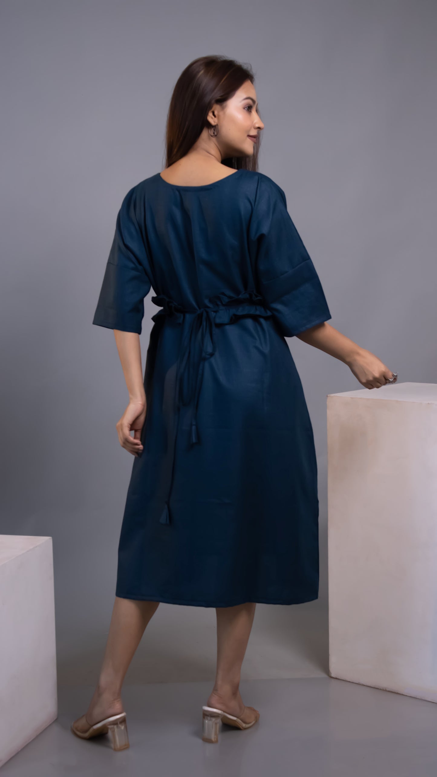 ROYAL BLUE RUFFLE WAIST-TIE DRESS
