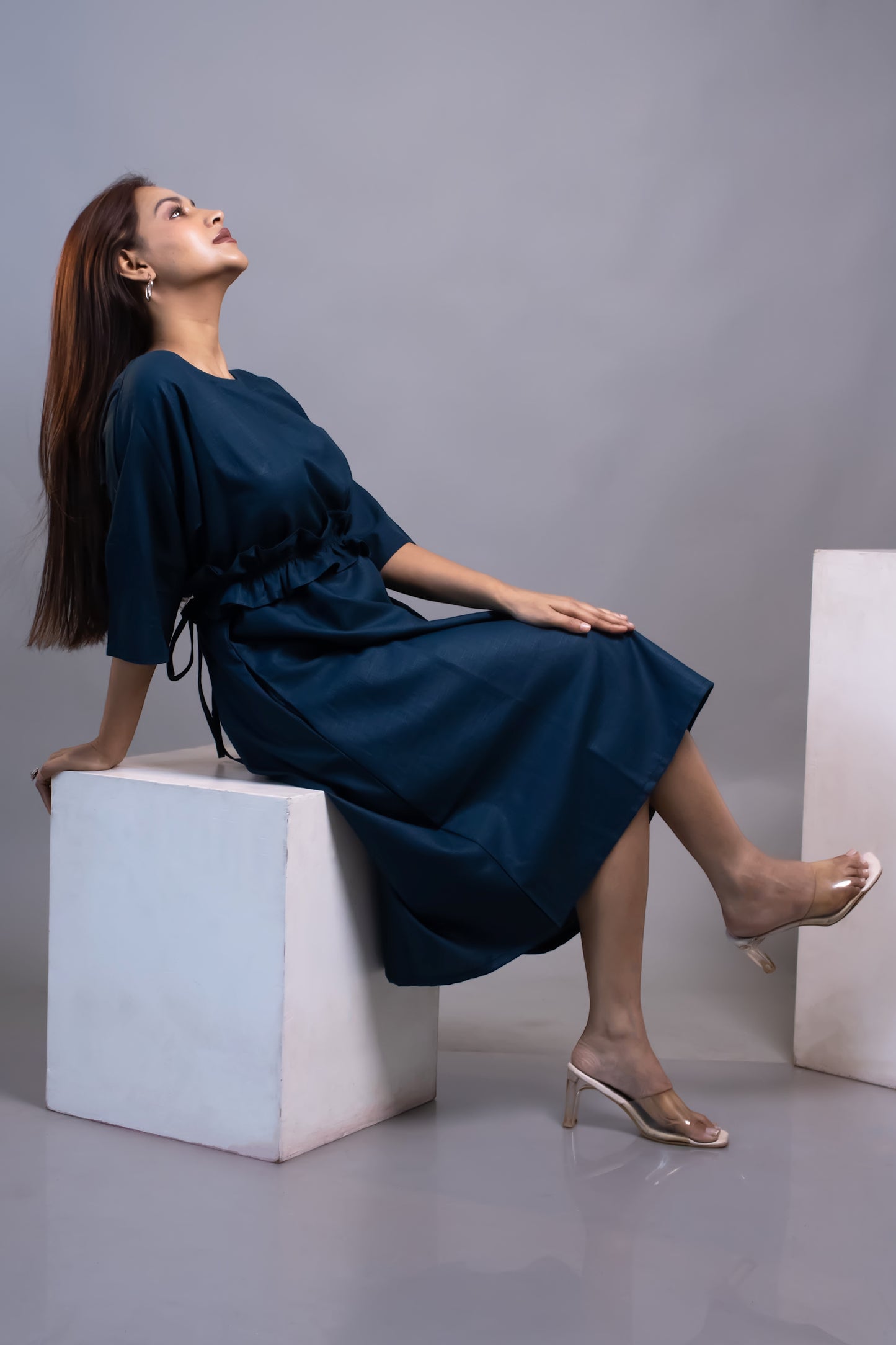 ROYAL BLUE RUFFLE WAIST-TIE DRESS