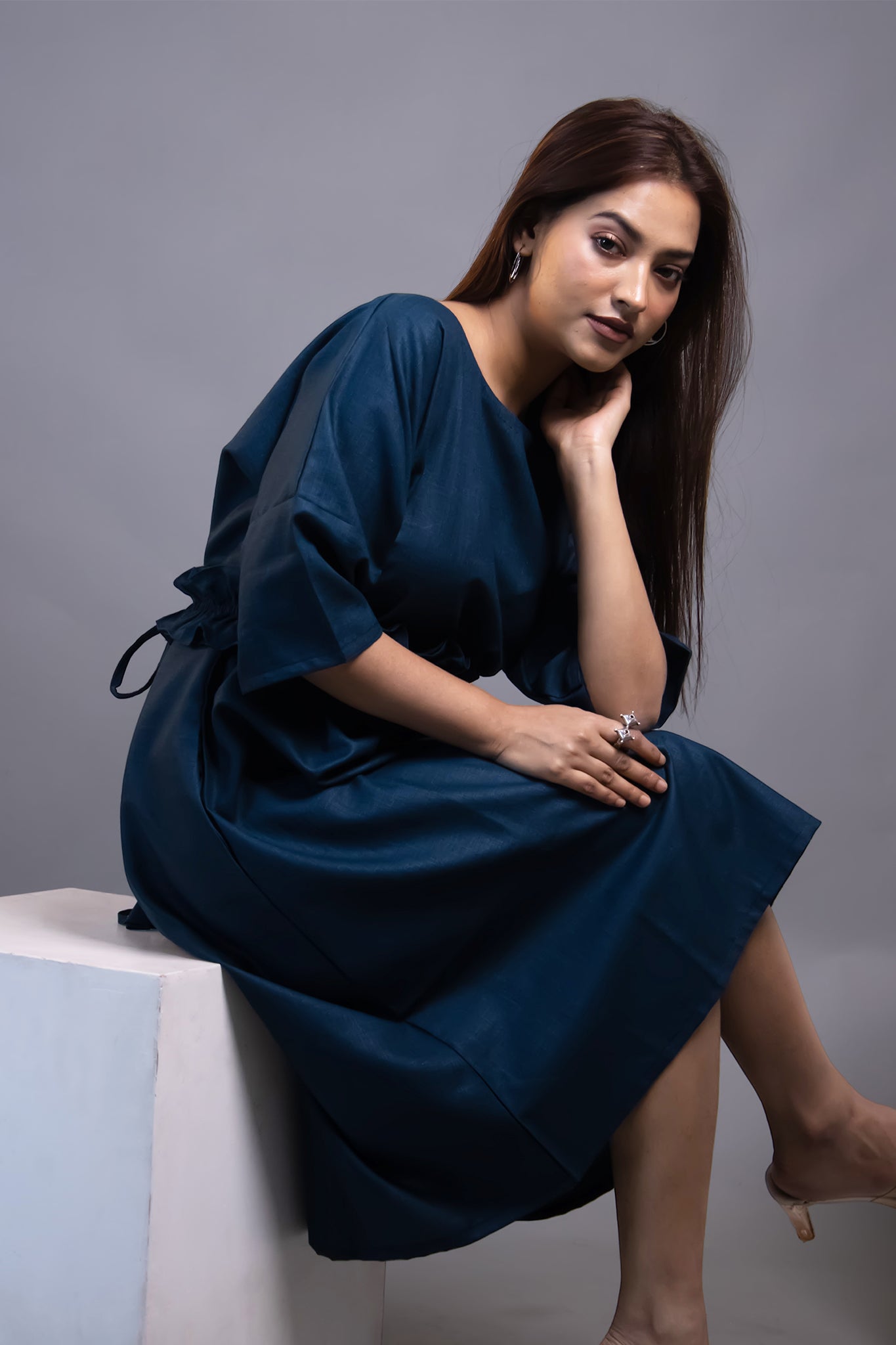 ROYAL BLUE RUFFLE WAIST-TIE DRESS