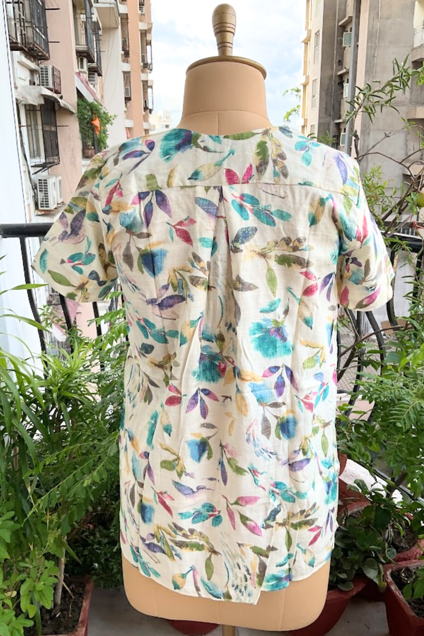 MULTICOLOUR LEAVES COTTON LINEN TOP