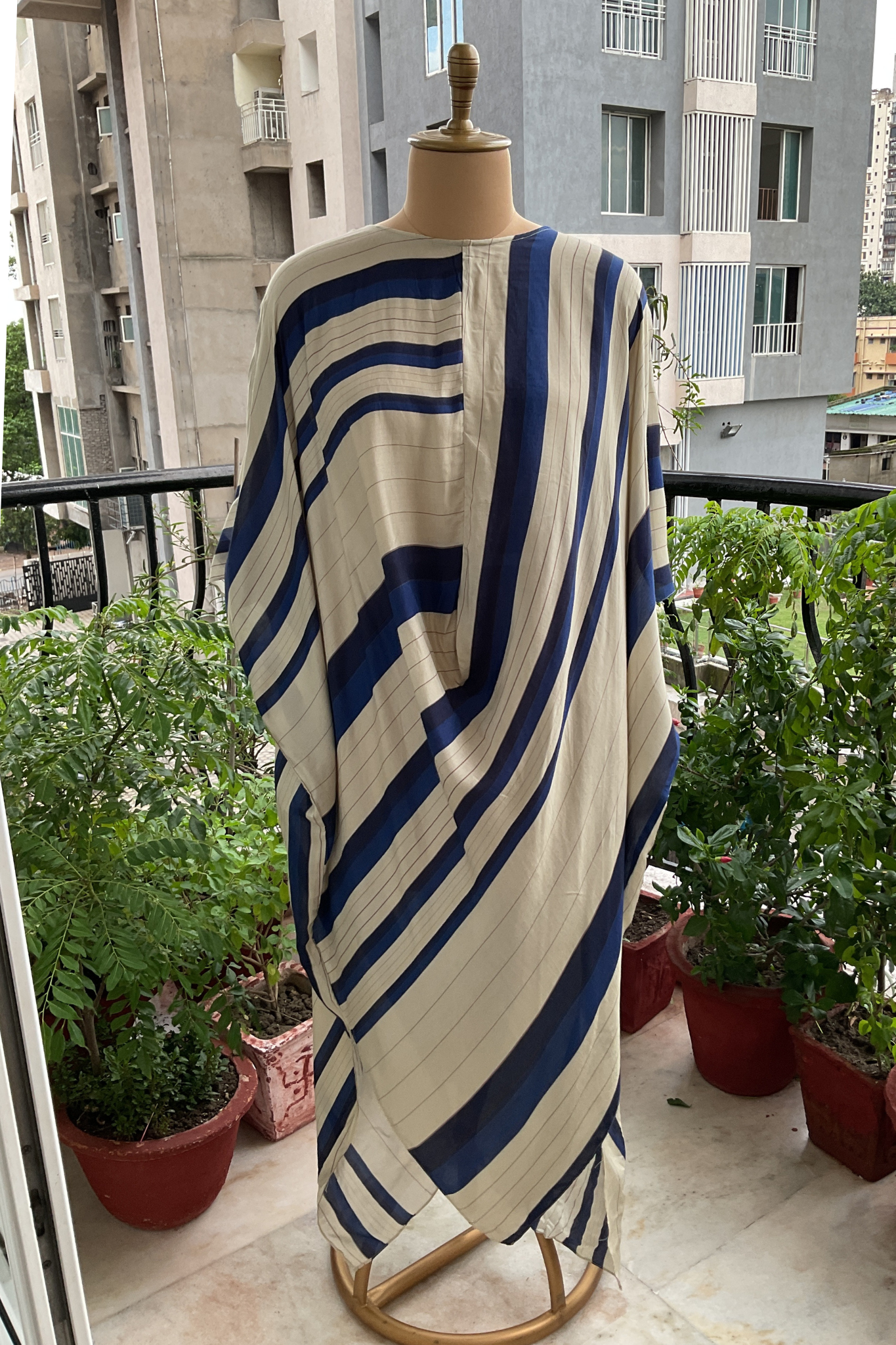 BEIGE BLUE STRIPES COWL TUNIC