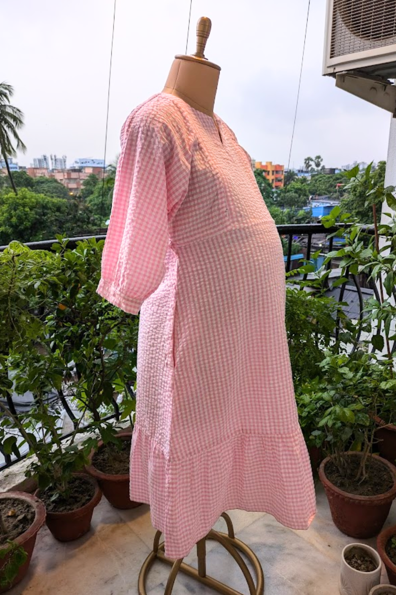 MATERNITY PINK SEERSUCKER TIERED DRESS