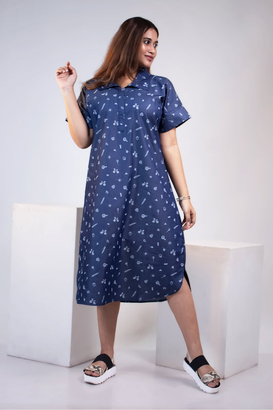 DENIM PRINTED OVERSIZED SHIRT DRESS