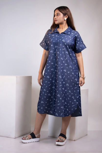 DENIM PRINTED OVERSIZED SHIRT DRESS