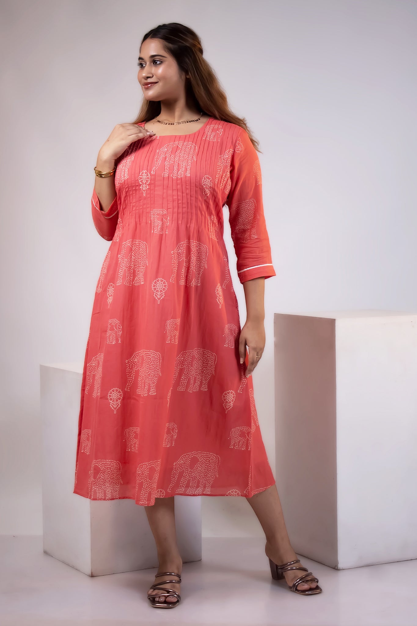 CORAL PINTUCK MUL DRESS