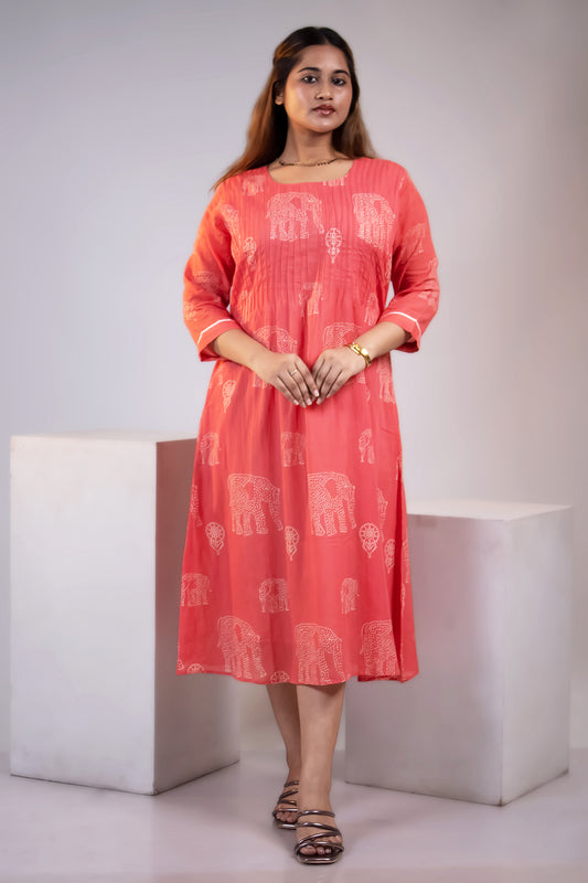 CORAL PINTUCK MUL DRESS