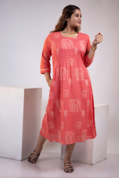 CORAL PINTUCK MUL DRESS