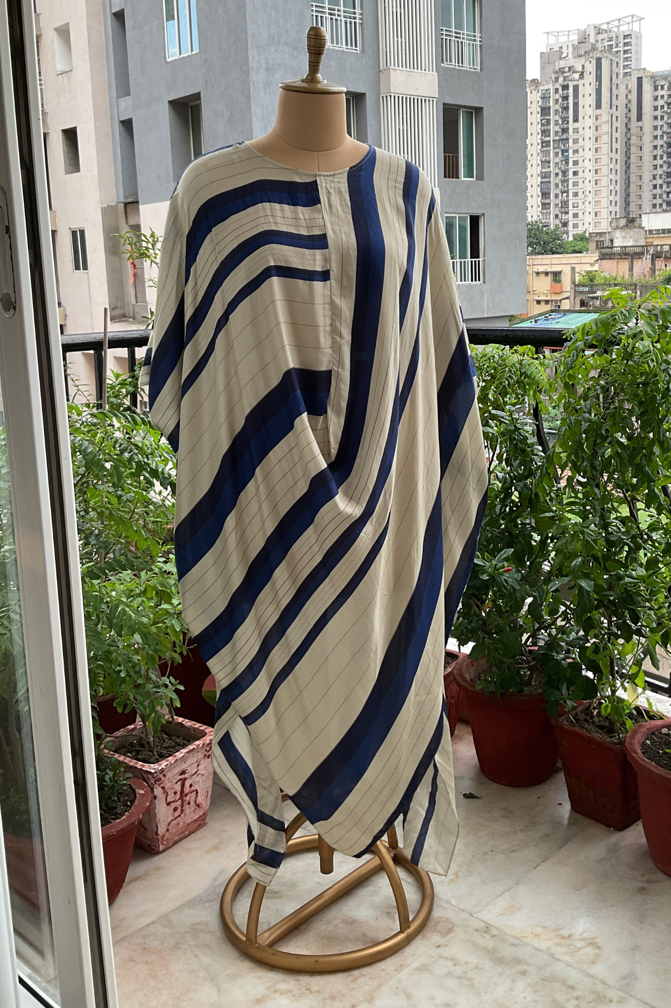 BEIGE BLUE STRIPES COWL TUNIC