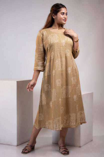 OCHRE PINTUCK MUL DRESS