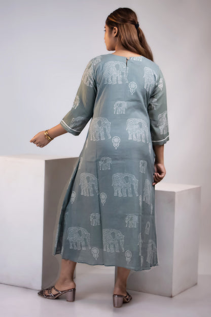 GREYISH BLUE PINTUCK MUL DRESS