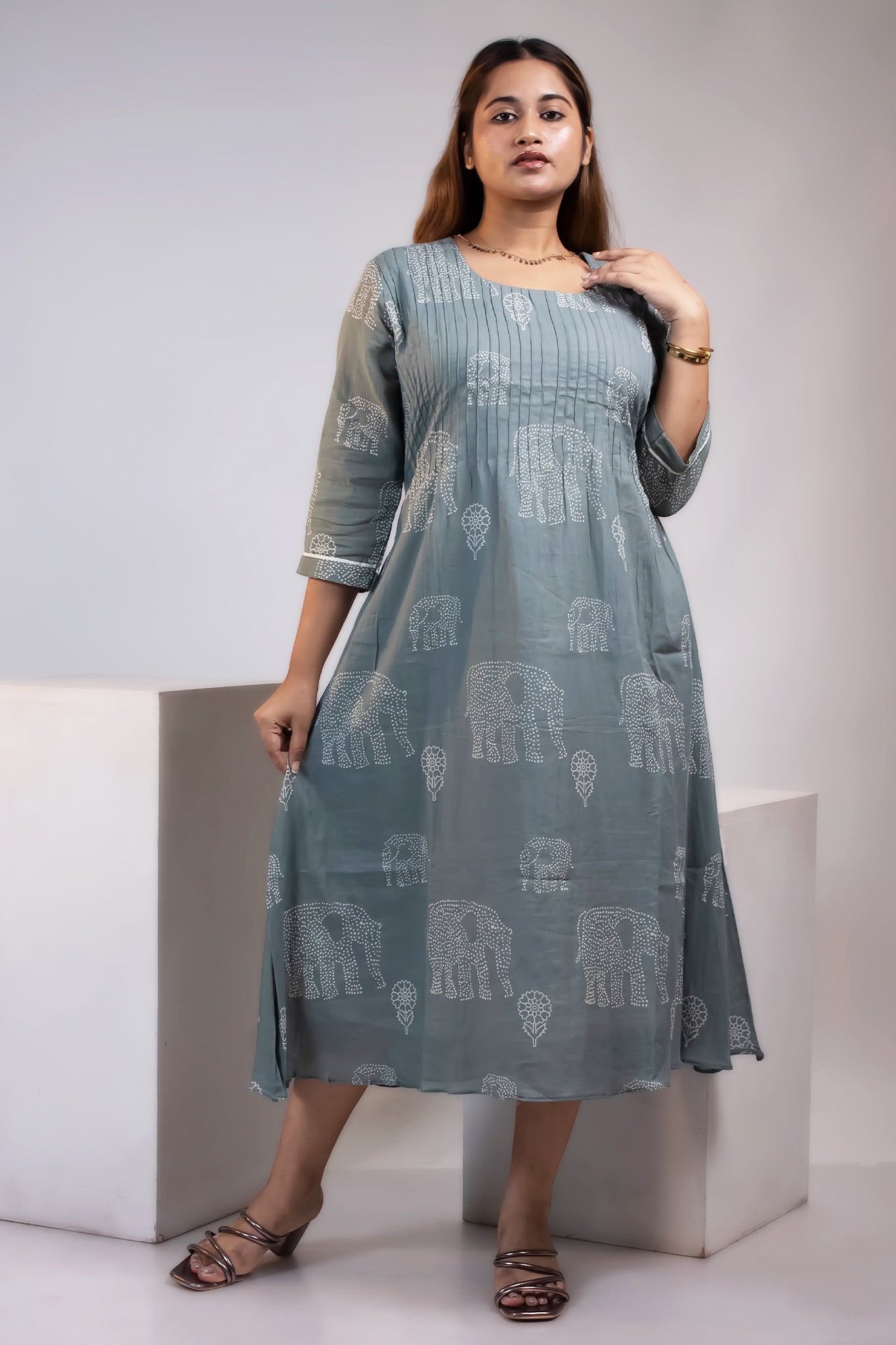 GREYISH BLUE PINTUCK MUL DRESS