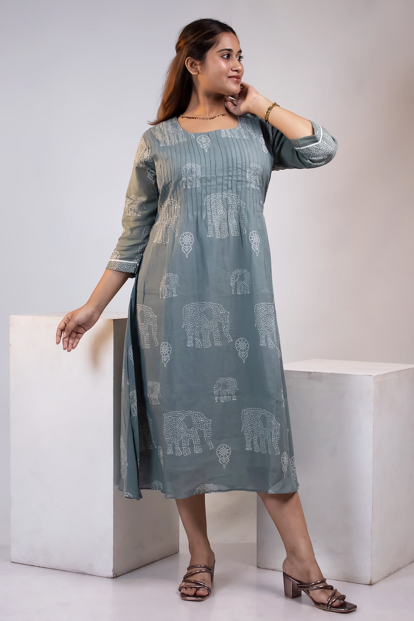 GREYISH BLUE PINTUCK MUL DRESS