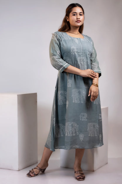 GREYISH BLUE PINTUCK MUL DRESS