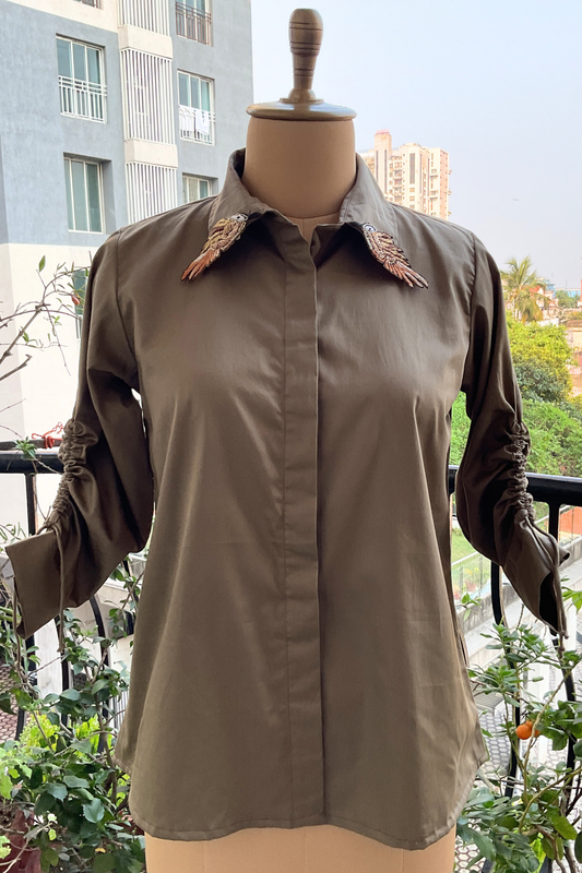 BIRD COLLAR EMBROIDERY OLIVE SHIRT