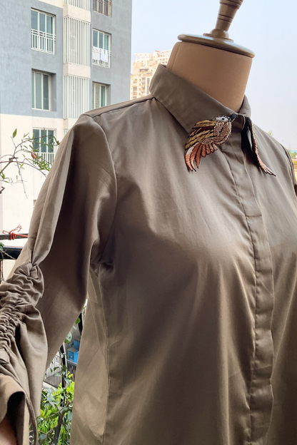 BIRD COLLAR EMBROIDERY OLIVE SHIRT