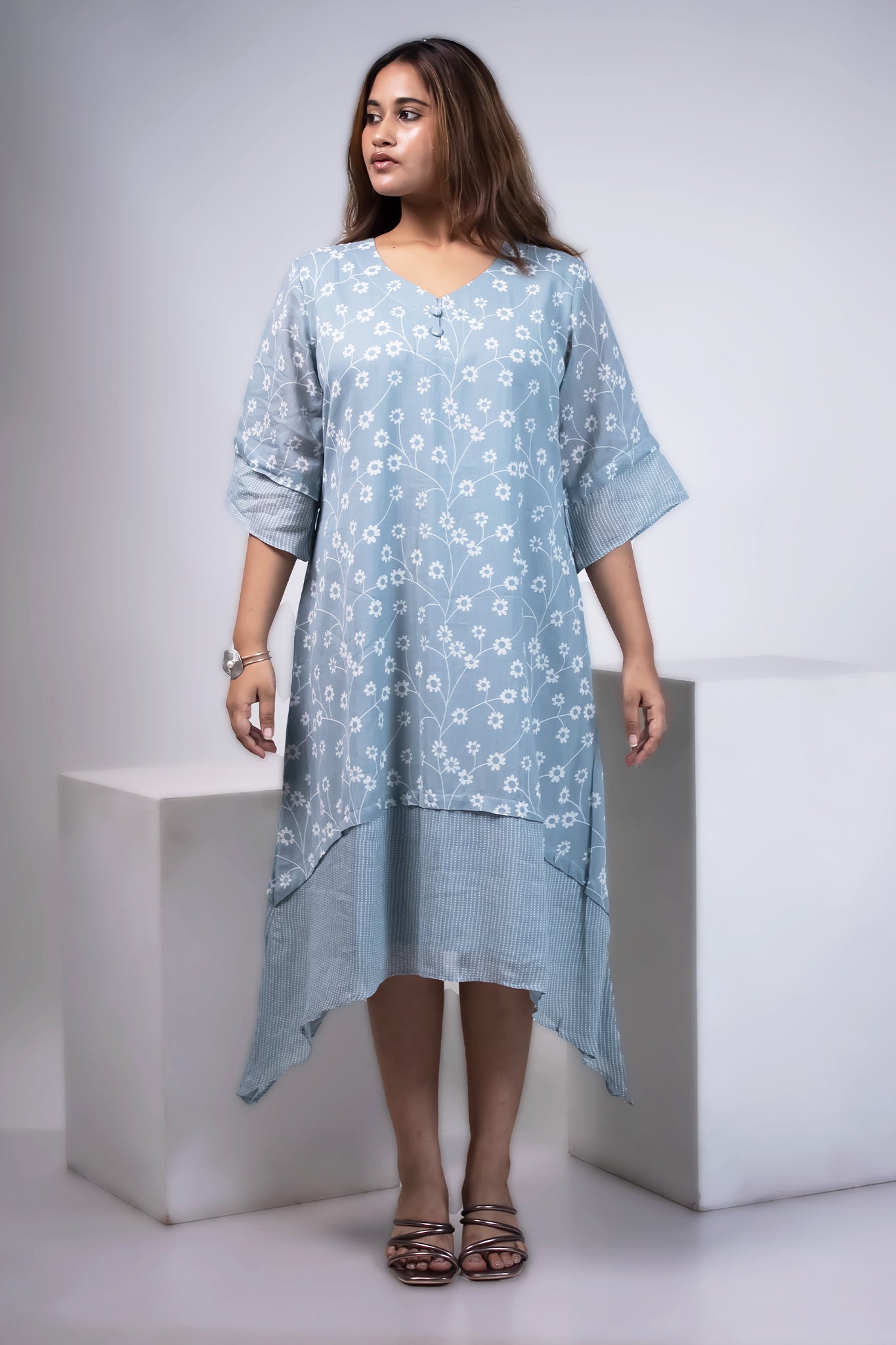 LAYERED ASYMMETRICAL DUSTY BLUE MUL DRESS