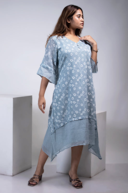 LAYERED ASYMMETRICAL DUSTY BLUE MUL DRESS