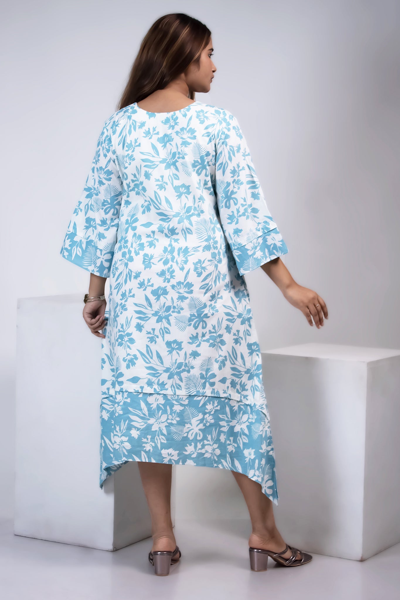 LAYERED ASYMMETRICAL WHITE BLUE MUL DRESS