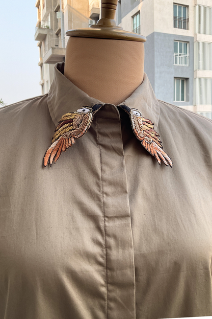 BIRD COLLAR EMBROIDERY OLIVE SHIRT