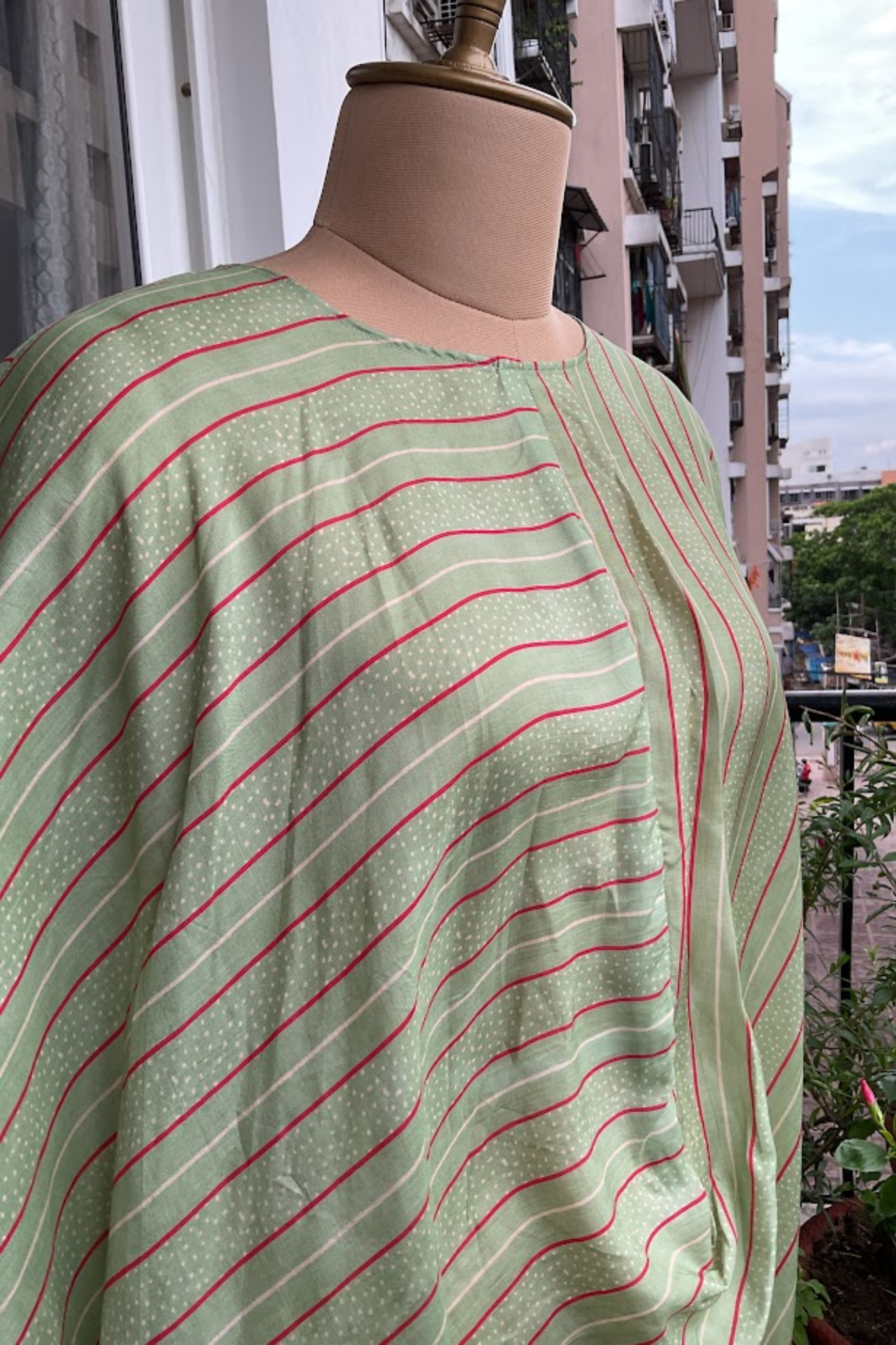 GREEN PINK STRIPES COWL TUNIC