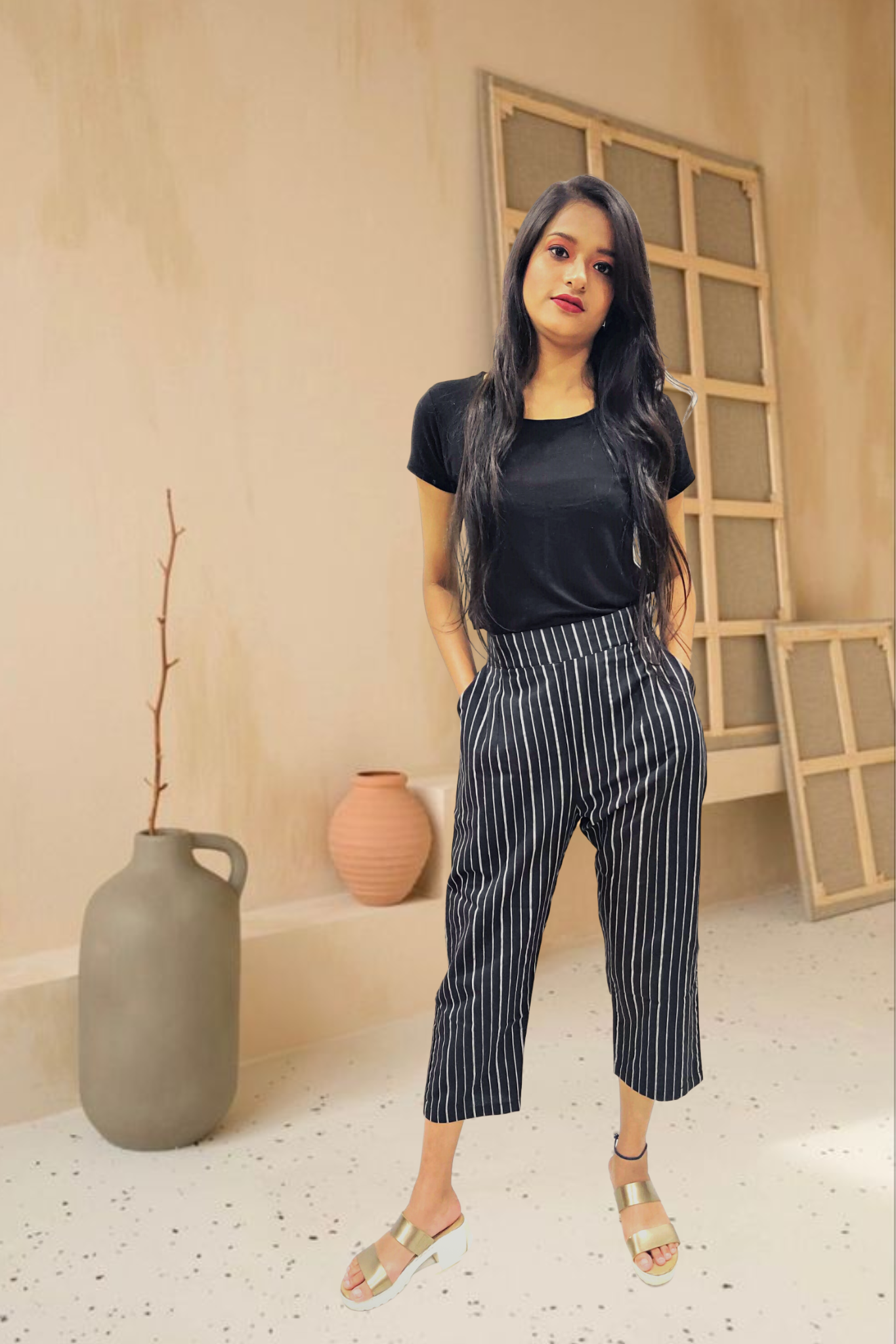 BLACK STRIPES STRAIGHT FIT CROPPED TROUSER