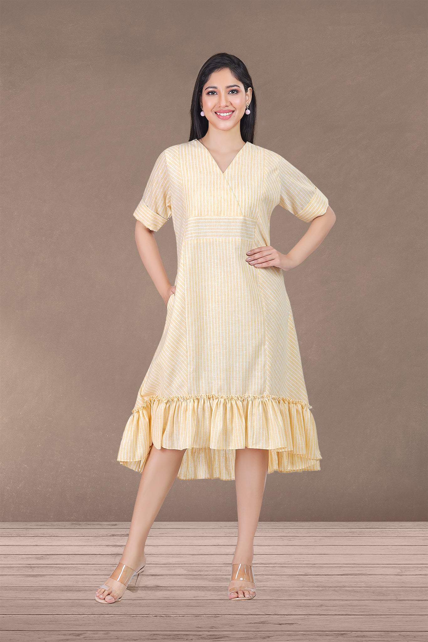 YELLOW LINEN LAYERED DRESS