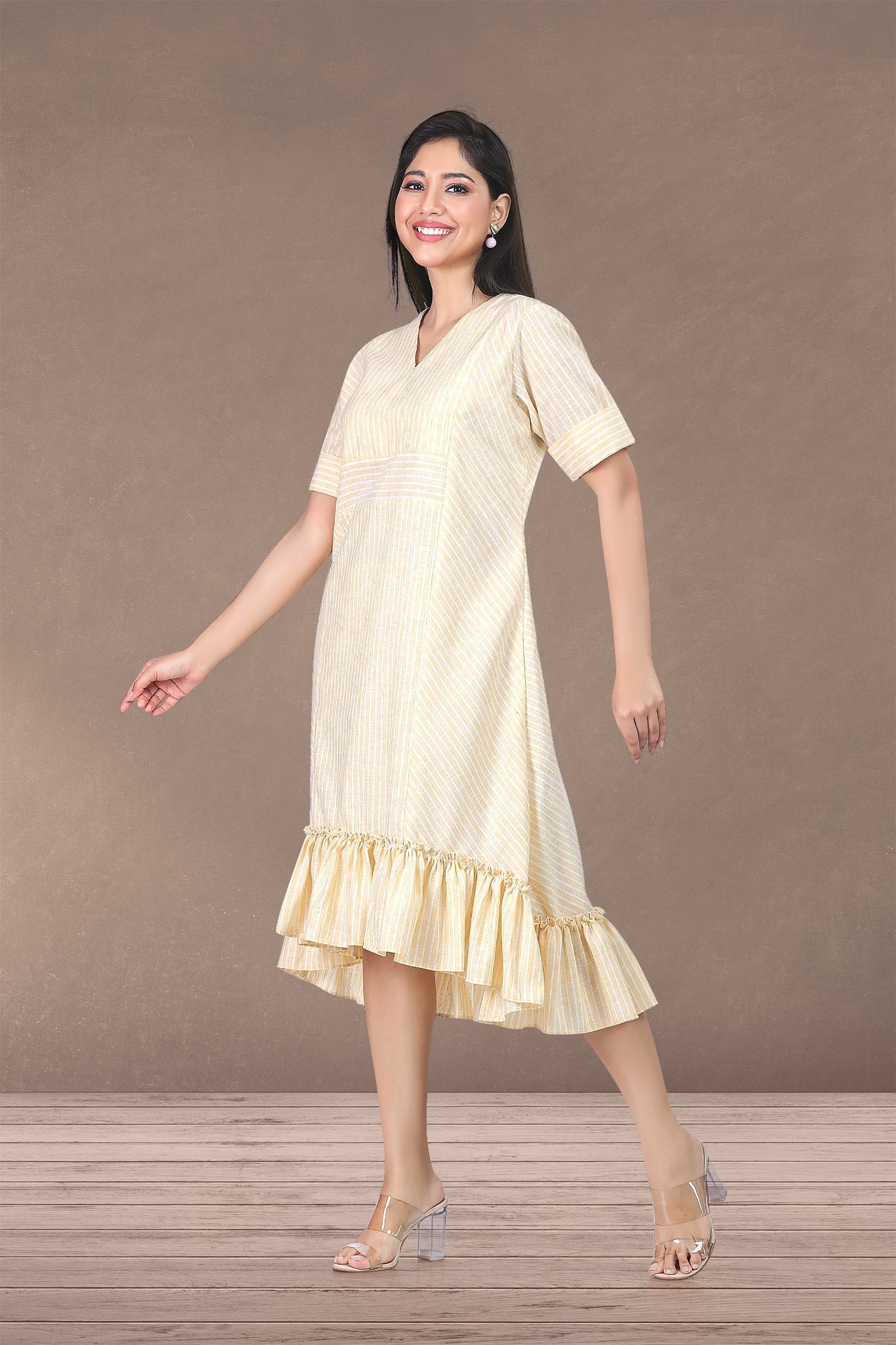 YELLOW LINEN LAYERED DRESS