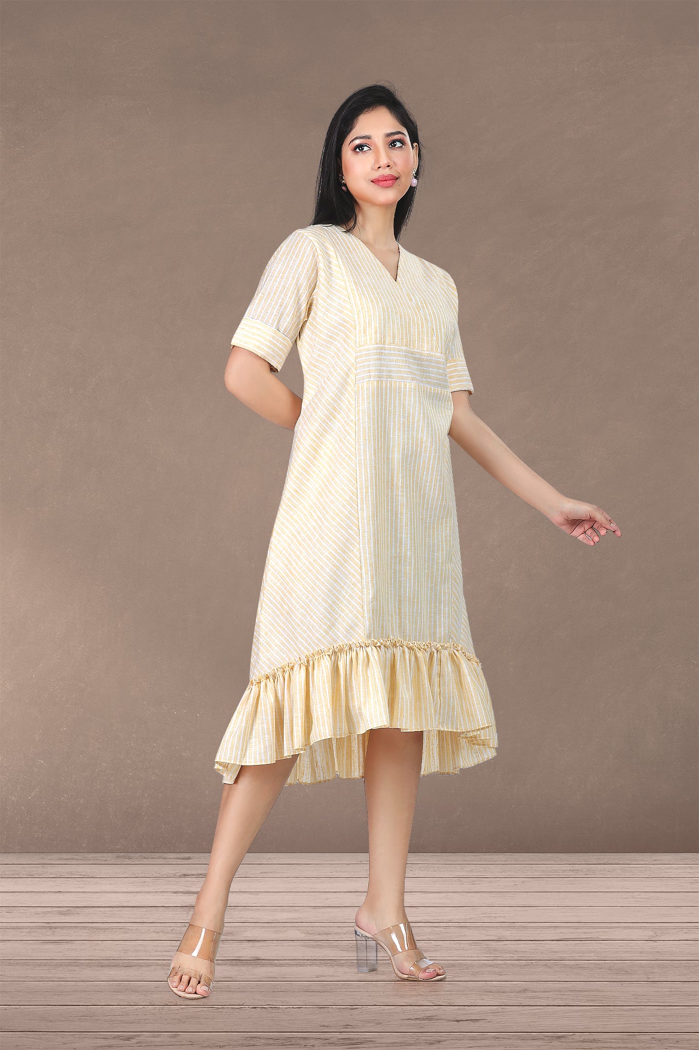 YELLOW LINEN LAYERED DRESS