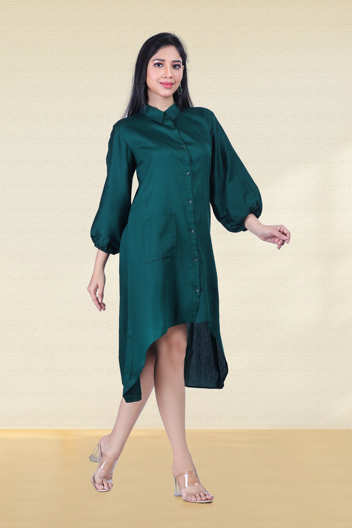 BOTTLE GREEN ASYMMETRICAL SHIRT DRESS