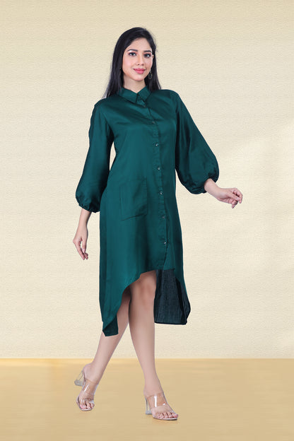 BOTTLE GREEN ASYMMETRICAL SHIRT DRESS